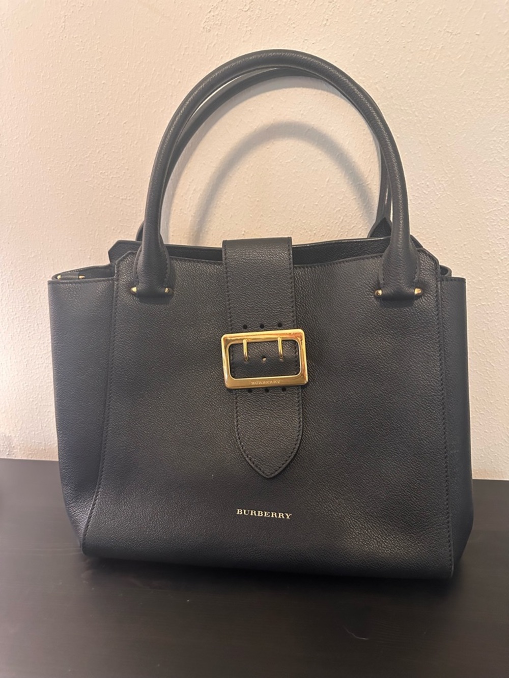 Burberry Black Leather Satchel with Gold Buckle